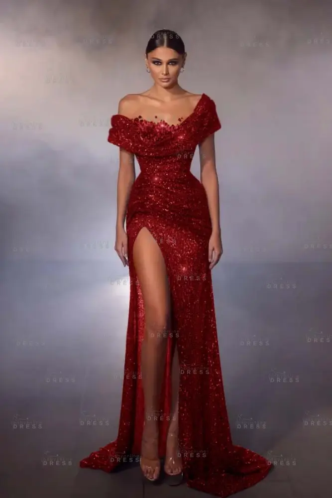 Off the shoulder Gray Sequin Mermaid High Split Prom Dresses