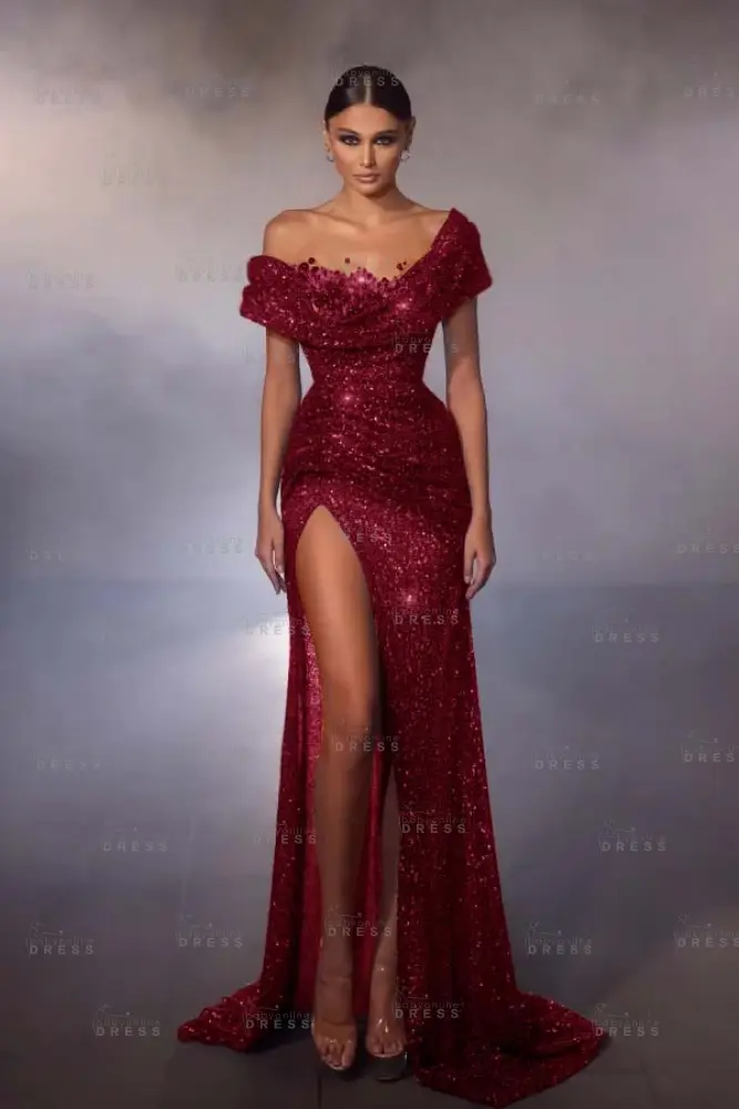 Off the shoulder Gray Sequin Mermaid High Split Prom Dresses