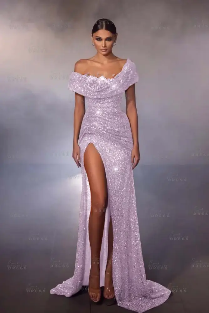 Off the shoulder Gray Sequin Mermaid High Split Prom Dresses