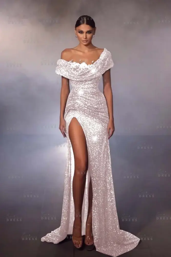 Off the shoulder Gray Sequin Mermaid High Split Prom Dresses