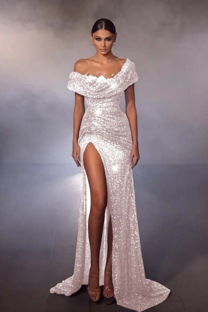 Off the shoulder Gray Sequin Mermaid High Split Prom Dresses