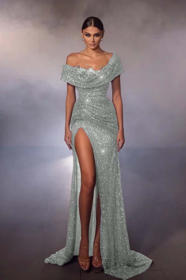 Off the shoulder Gray Sequin Mermaid High Split Prom Dresses