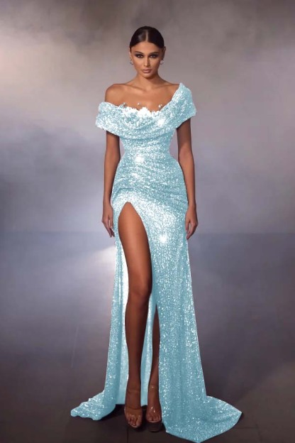 Off the shoulder Gray Sequin Mermaid High Split Prom Dresses