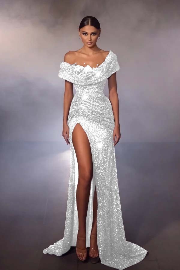 Off the shoulder Gray Sequin Mermaid High Split Prom Dresses