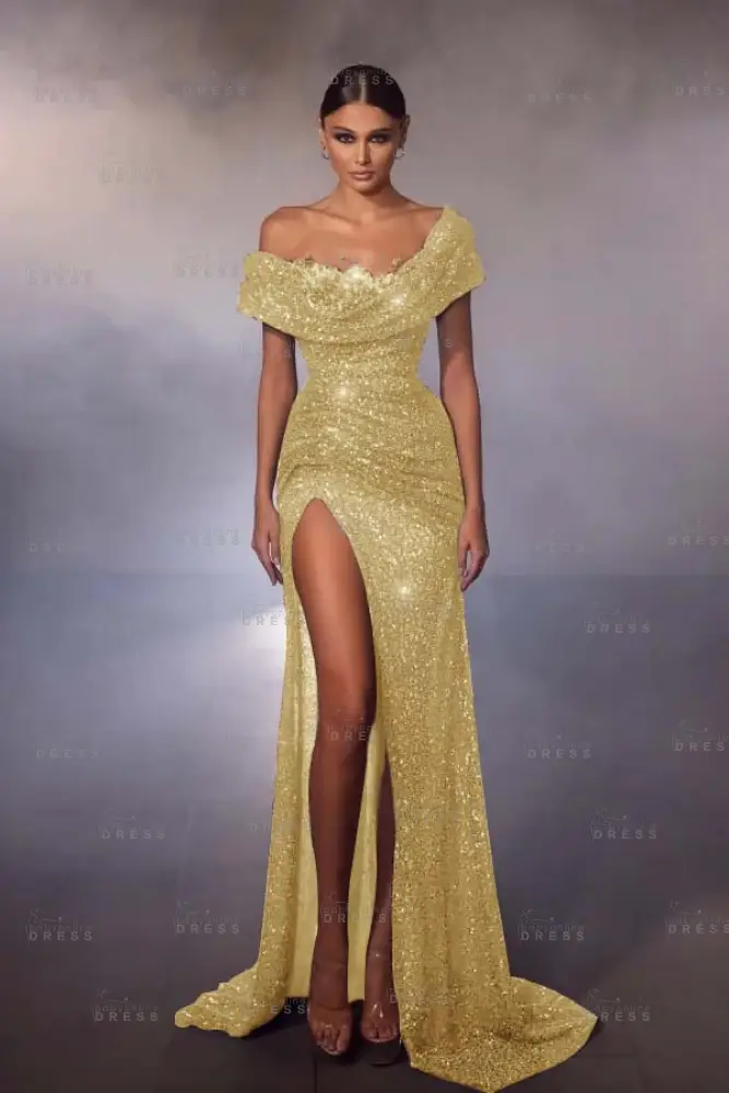 Off the shoulder Gray Sequin Mermaid High Split Prom Dresses