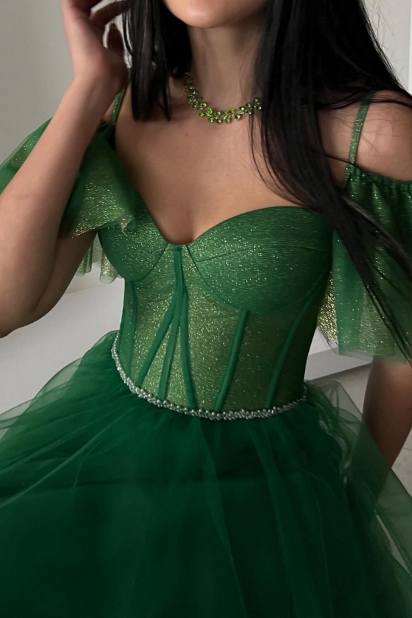 Off the shoulder Green Princess Tulle Homecoming Dresses