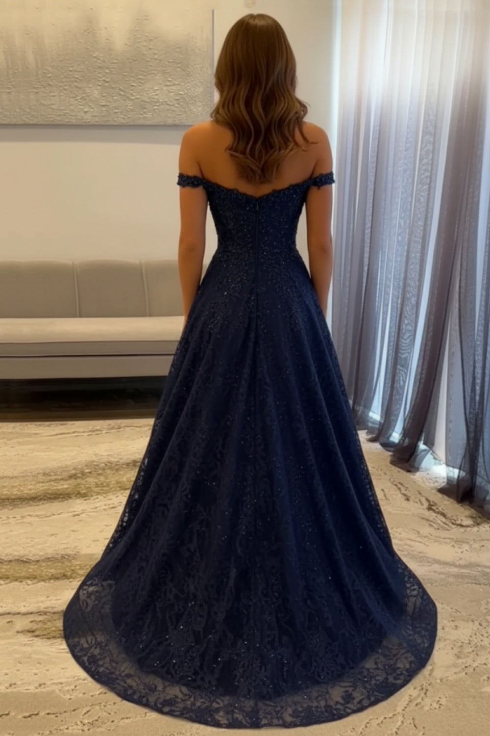 Off-the-Shoulder A-line Evening Dress Lace Prom Dress Long