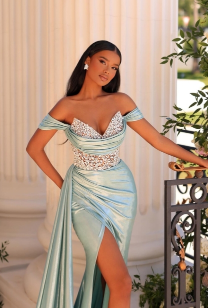 Off the shoulder Light Blue High Split Prom Dresses