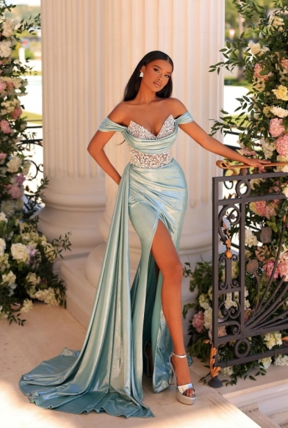 Off the shoulder Light Blue High Split Prom Dresses