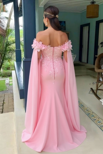 Charming Floor-Length Off-The-Shoulder Mermaid Satin Prom Dresses with Appliques