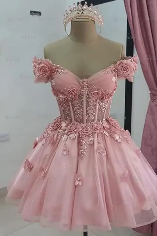 Sparkly Off Shoulder Tulle Homecoming Dresses Short Corset Quinceanera Dress with 3D Flowers