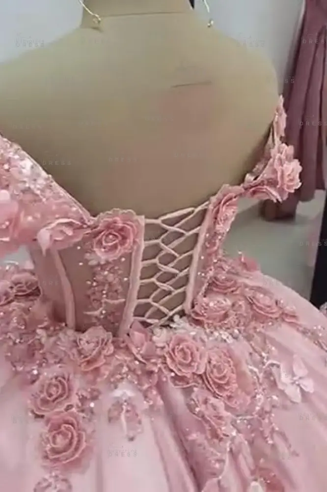 Sparkly Off Shoulder Tulle Homecoming Dresses Short Corset Quinceanera Dress with 3D Flowers