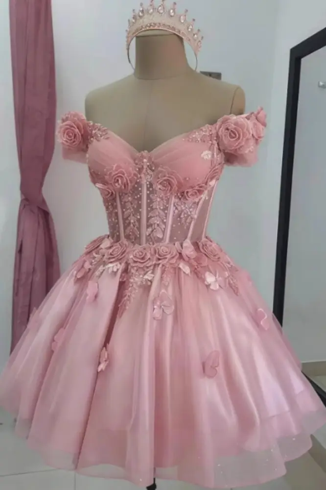 Sparkly Off Shoulder Tulle Homecoming Dresses Short Corset Quinceanera Dress with 3D Flowers