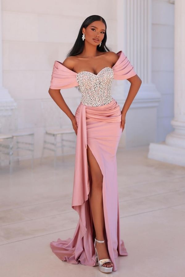 Off the shoulder Pink Mermaid High Split Long Prom Dresses