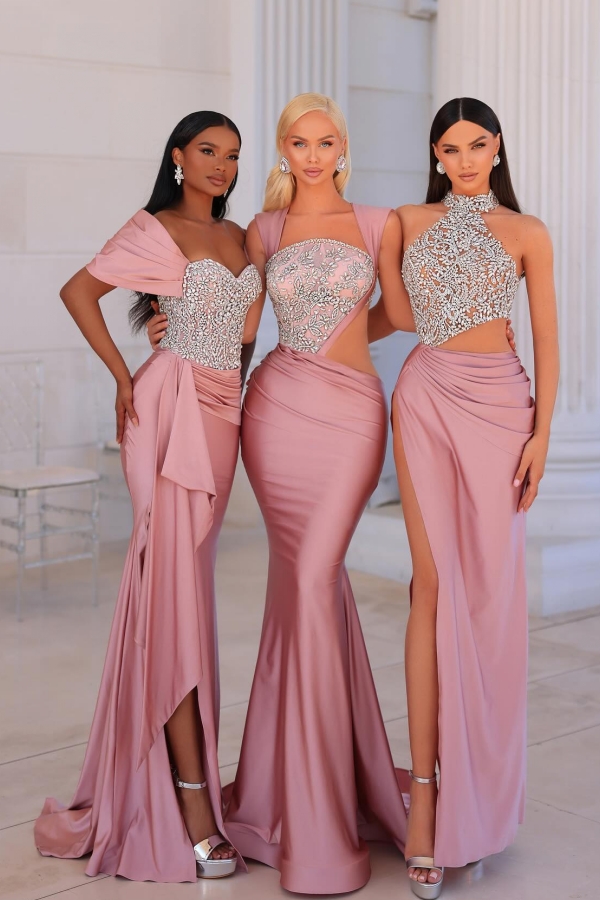 Off the shoulder Pink Mermaid High Split Long Prom Dresses