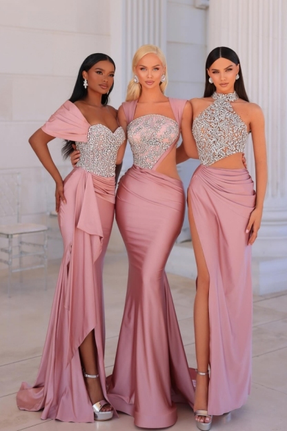 Off the shoulder Pink Mermaid High Split Long Prom Dresses