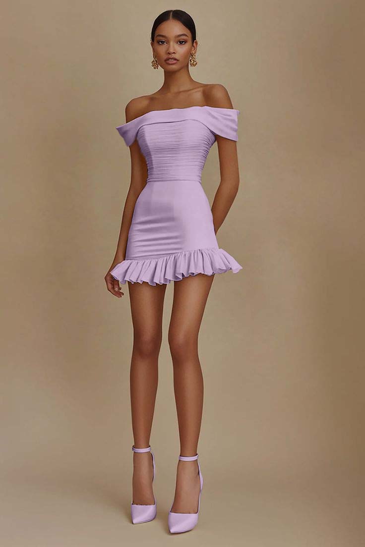 Cute Off-the-Shoulder Ruffles Satin Short Homecoming Dress Sleeveless Prom Dress Lilac