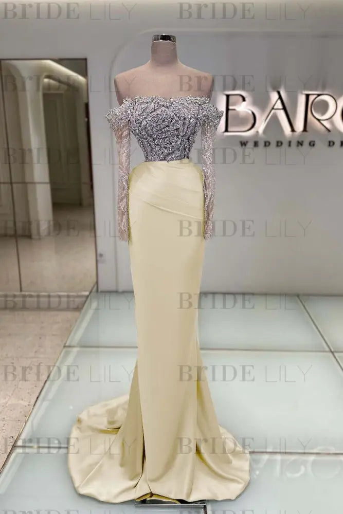 Off-the-Shoulder Ruffles Satin Mermaid Prom Dress Beadings with Sleeves Light Yellow