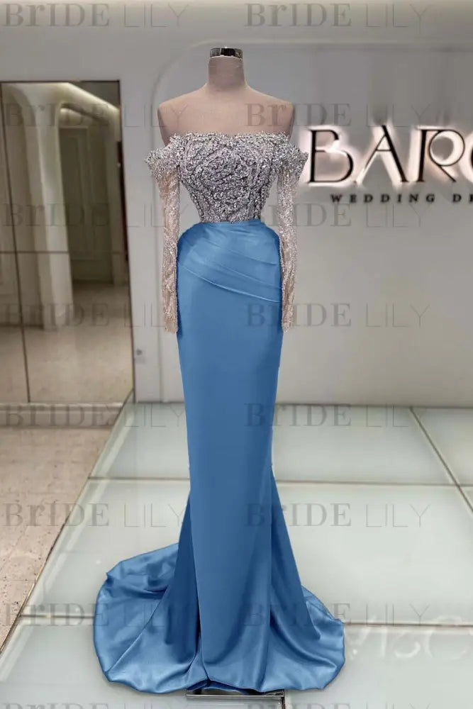 Off-the-Shoulder Ruffles Satin Mermaid Prom Dress Beadings with Sleeves Dusty Blue