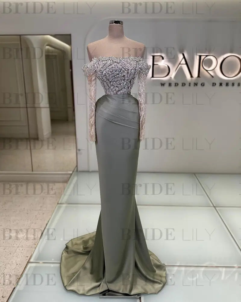 Off-the-Shoulder Ruffles Satin Mermaid Prom Dress Beadings with Sleeves Dusty Sage