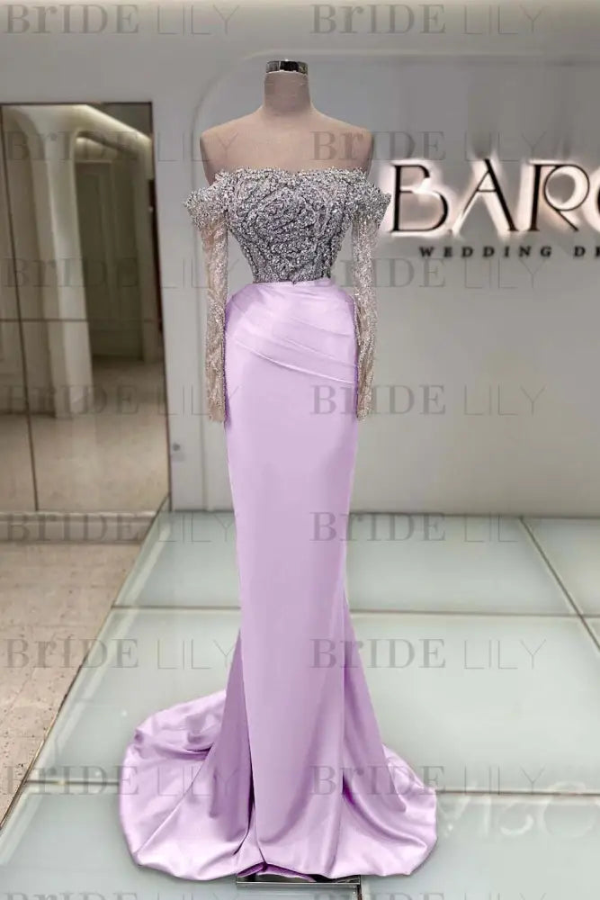 Off-the-Shoulder Ruffles Satin Mermaid Prom Dress Beadings with Sleeves Lilac