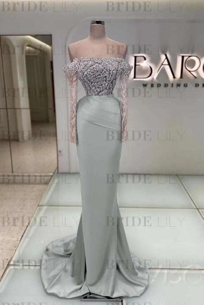 Off-the-Shoulder Ruffles Satin Mermaid Prom Dress Beadings with Sleeves Silver