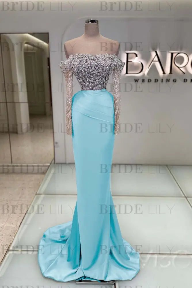 Off-the-Shoulder Ruffles Satin Mermaid Prom Dress Beadings with Sleeves Sky Blue
