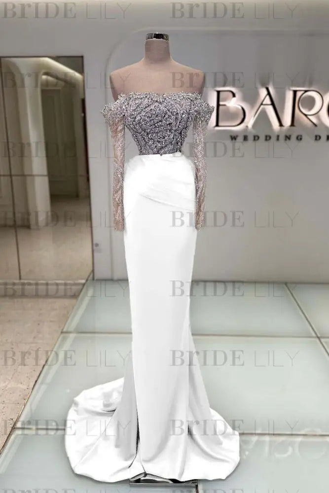 Off-the-Shoulder Ruffles Satin Mermaid Prom Dress Beadings with Sleeves White