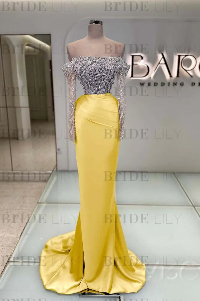 Off-the-Shoulder Ruffles Satin Mermaid Prom Dress Beadings with Sleeves Yellow