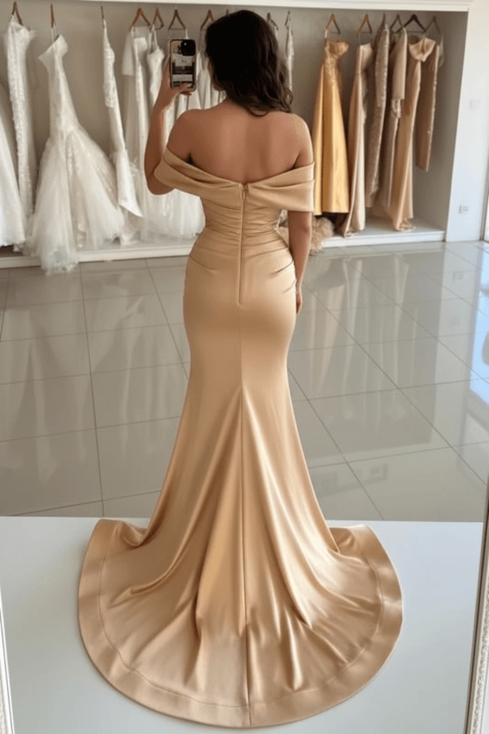 Off-the-shoulder Satin Ruched Mermaid Prom Dresses Front Slit