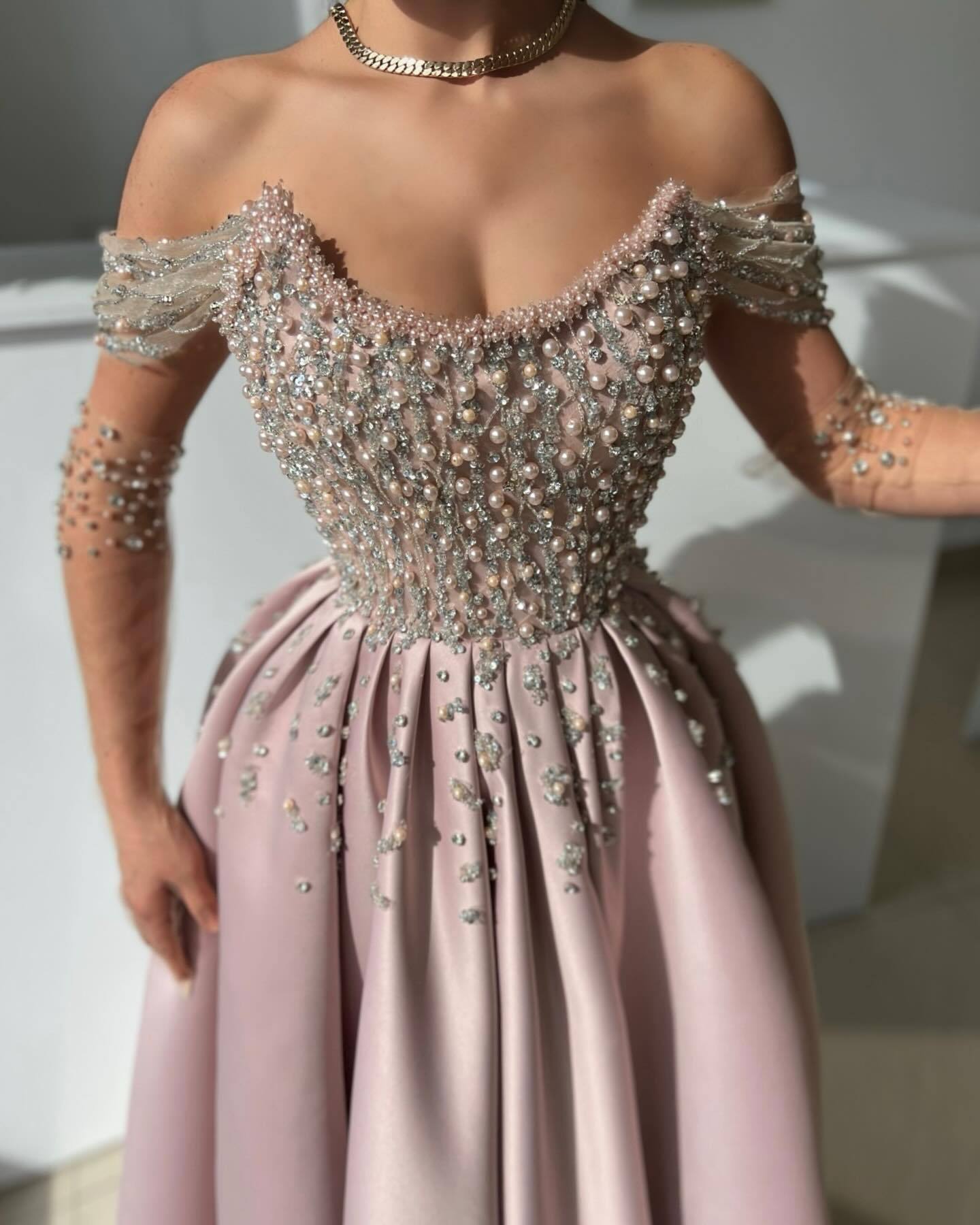 Off the shoulder Sequin Dusty Pink Prom Dresses
