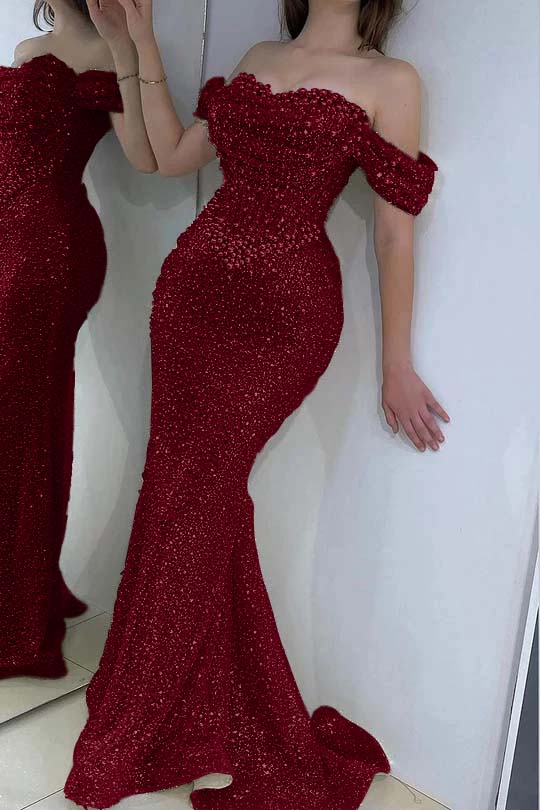 Stunning Off-the-Shoulder White Sequined Sheath Evening Dress with Pearls