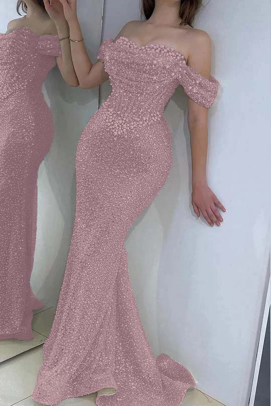 Stunning Off-the-Shoulder White Sequined Sheath Evening Dress with Pearls