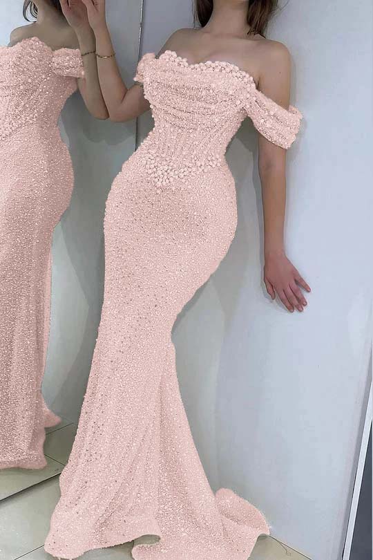 Stunning Off-the-Shoulder White Sequined Sheath Evening Dress with Pearls