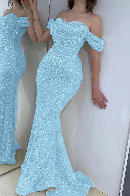 Stunning Off-the-Shoulder White Sequined Sheath Evening Dress with Pearls
