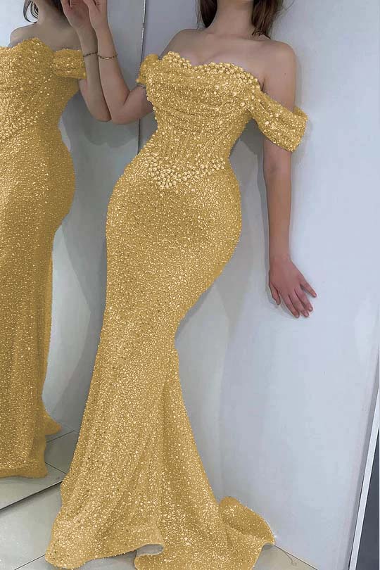 Stunning Off-the-Shoulder White Sequined Sheath Evening Dress with Pearls