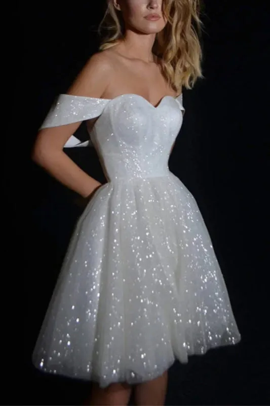 Off-the-Shoulder Glitter Sequins White Short A-line Wedding Dress