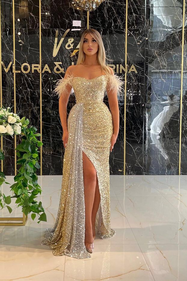 Charming Off-the-Shoulder Gold Sequins Prom Dress Mermaid Evening Dress with Split
