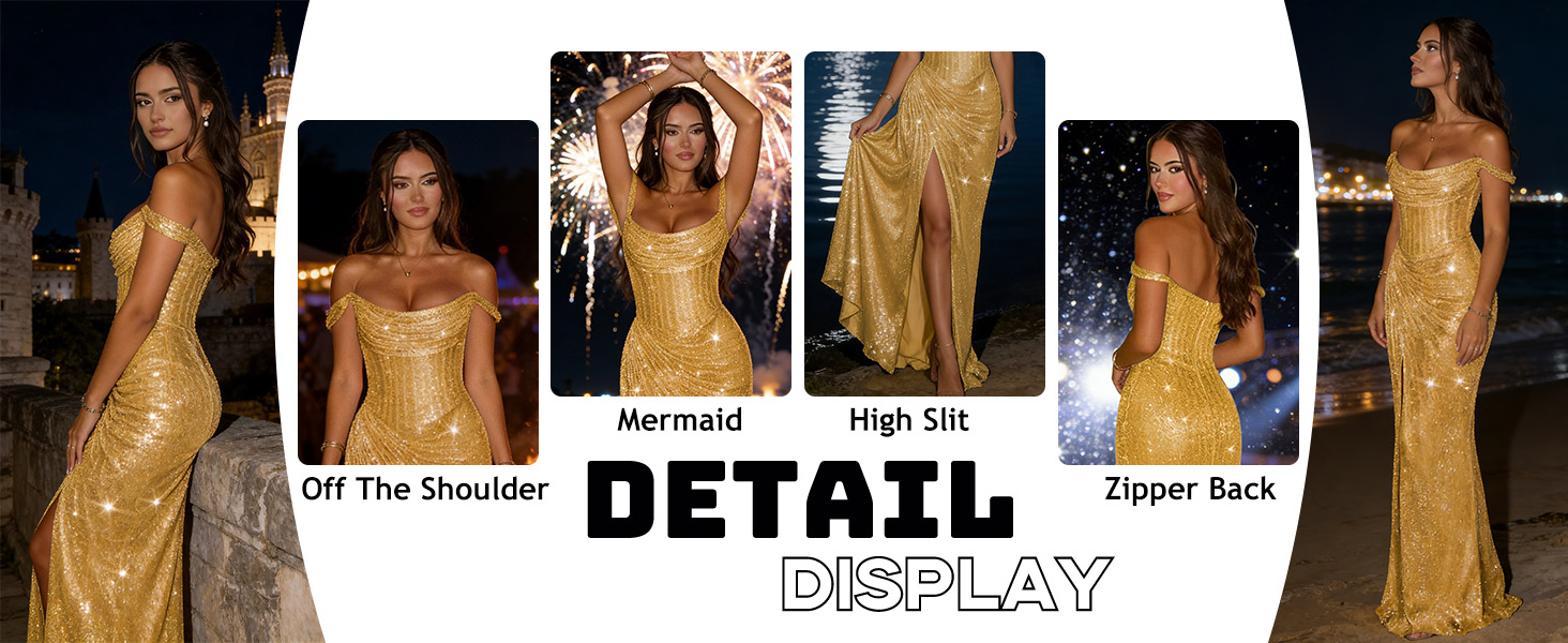 off-the-shoulder mermaid prom dress sequins details