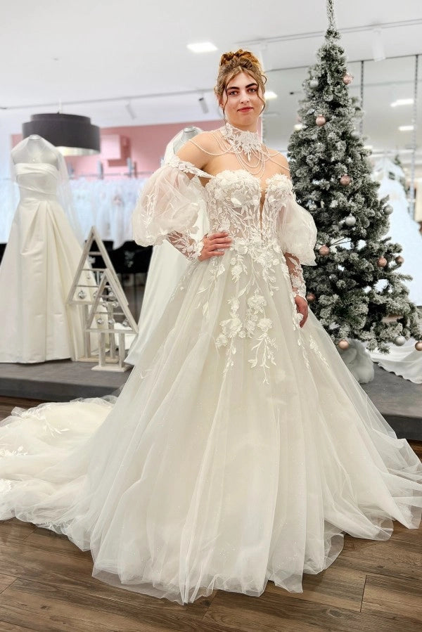 Romantic Off-the-Shoulder Tulle A-Line Wedding Dress High Neck Long Sleeves with Tassels