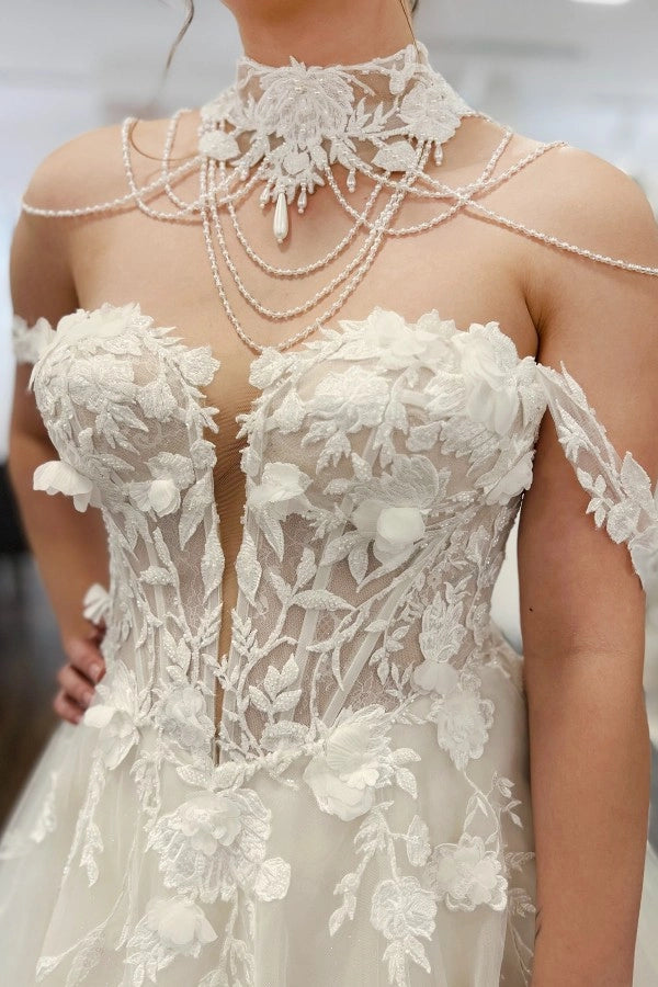 Romantic Off-the-Shoulder Tulle A-Line Wedding Dress High Neck Long Sleeves with Tassels