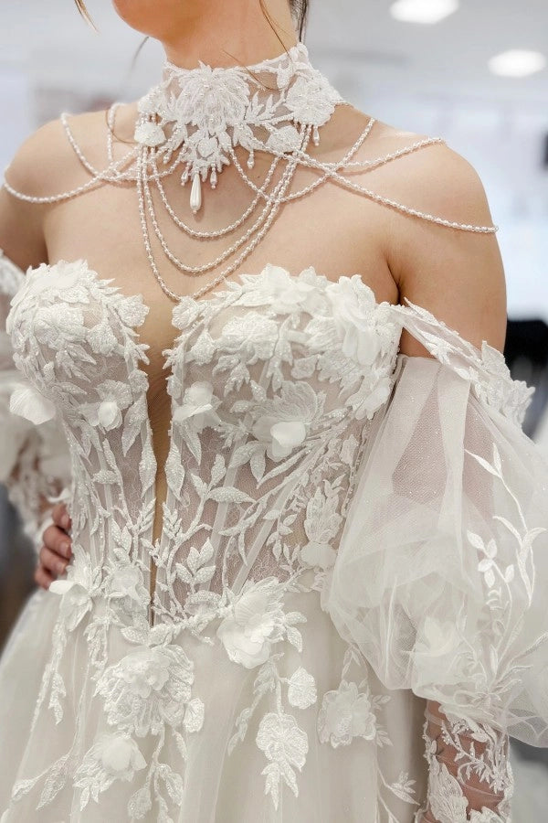 Romantic Off-the-Shoulder Tulle A-Line Wedding Dress High Neck Long Sleeves with Tassels