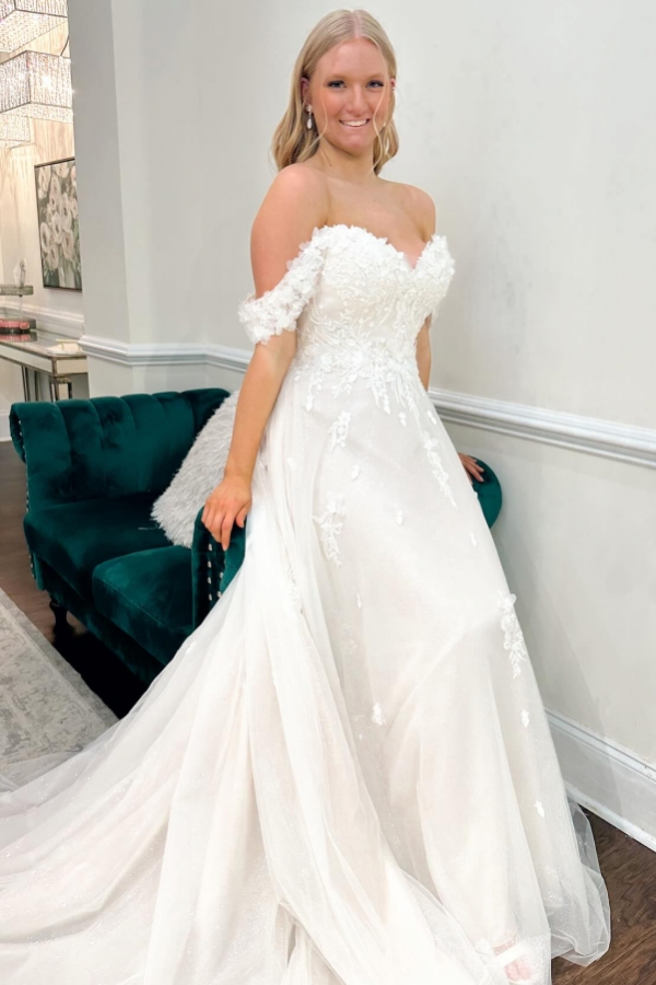 Off the shoulder White A-line Wedding Dresses Tulle Lace Bridal Dress