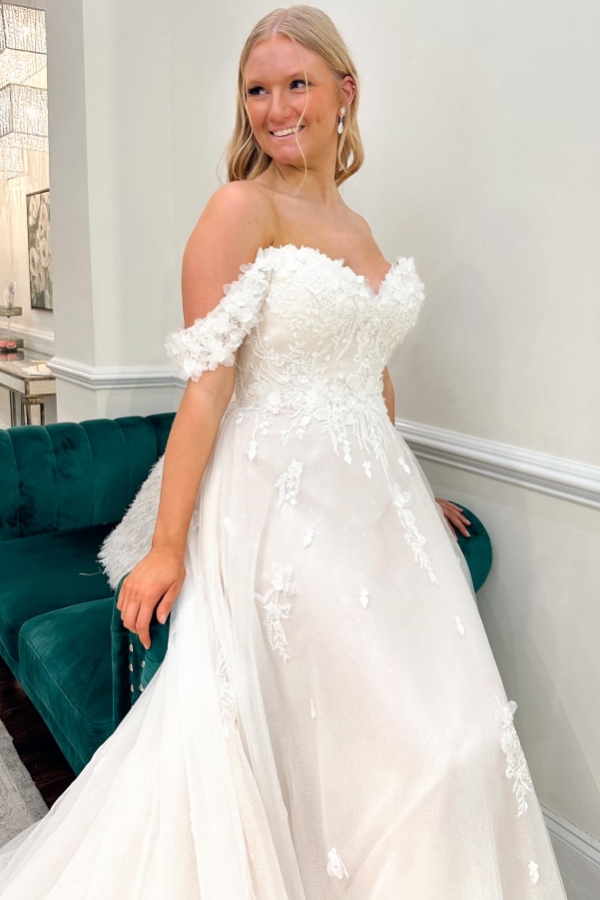 Off the shoulder White A-line Wedding Dresses Tulle Lace Bridal Dress