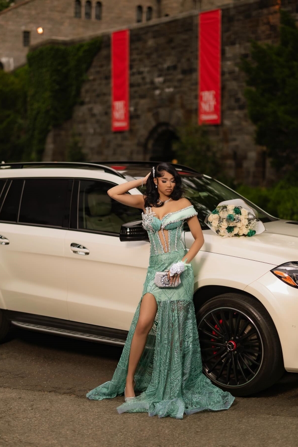 Luxury One-Shoulder Beadings Mermaid Prom Dress Sage with High Split