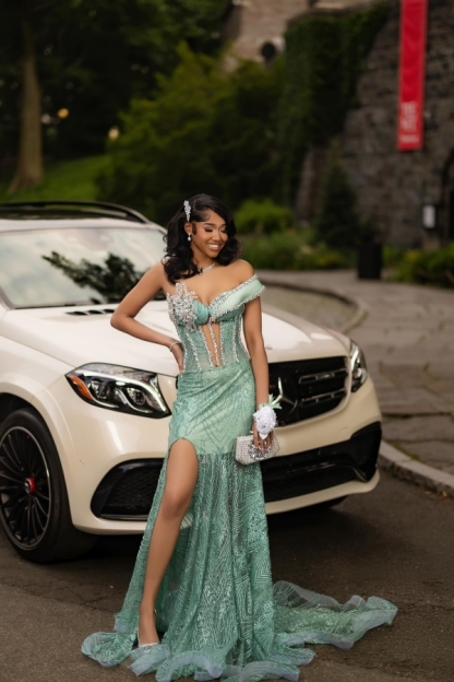 Luxury One-Shoulder Beadings Mermaid Prom Dress Sage with High Split