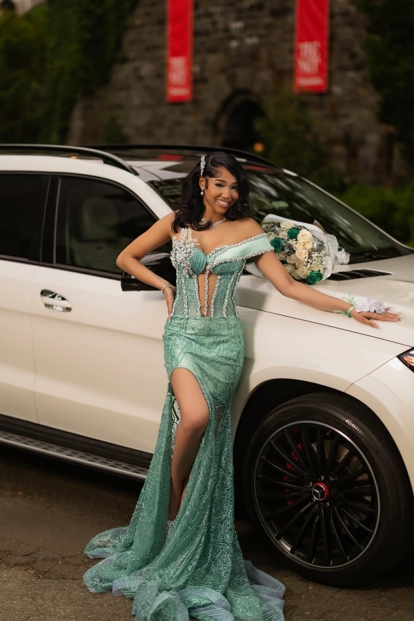 Luxury One-Shoulder Beadings Mermaid Prom Dress Sage with High Split