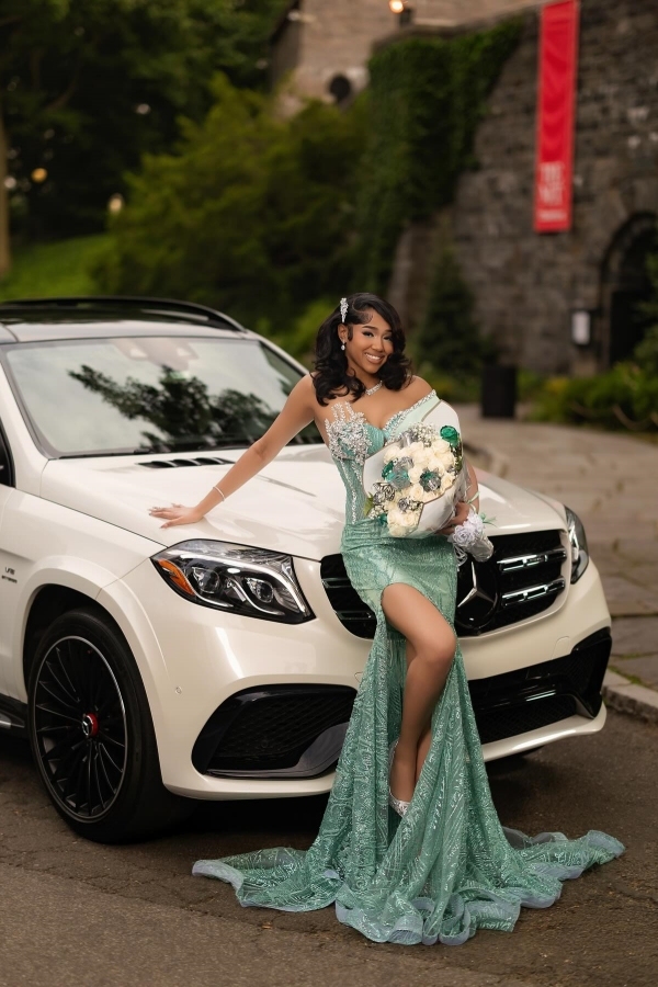 Luxury One-Shoulder Beadings Mermaid Prom Dress Sage with High Split