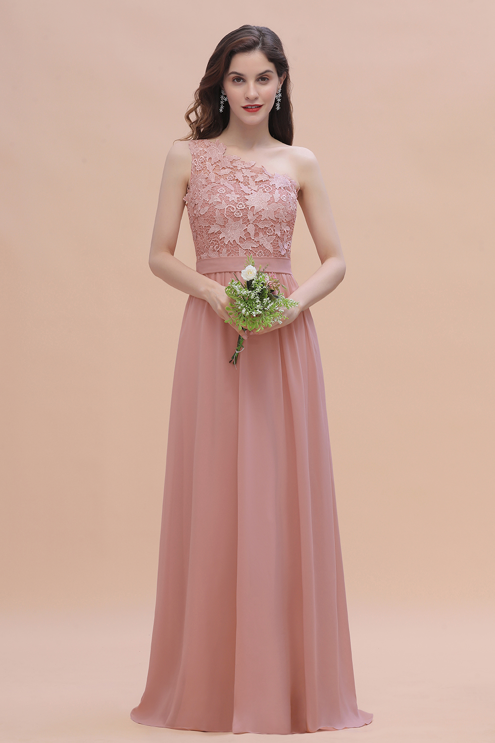 One Shoulder Dusty Pink Floral Pattern Aline Bridesmaid Dress