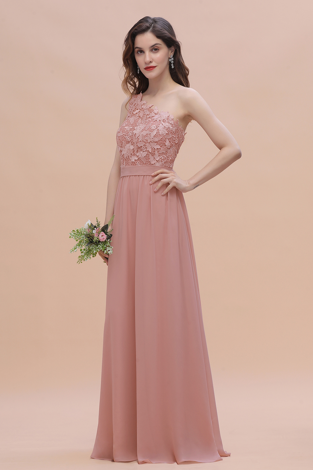 One Shoulder Dusty Pink Floral Pattern Aline Bridesmaid Dress